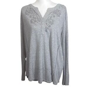 Akemi + Kin Anthropologie Henley Top Women's XL Gray Beaded‎ Rayon Linen Blend